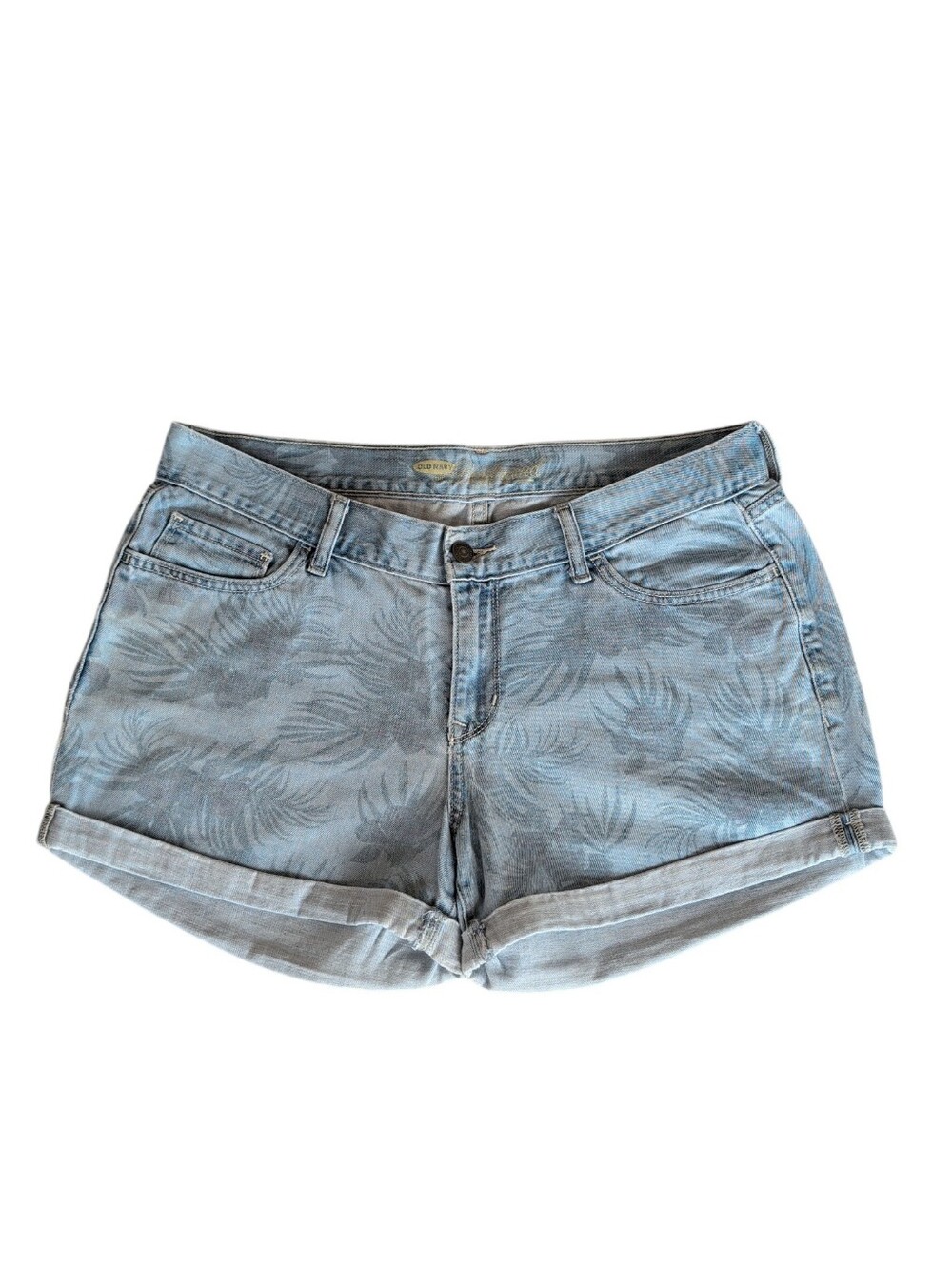 Old Navy Boyfriend Tropical Palm Leaf Cuffed Jean Shortie Shorts 10 Blue Pockets